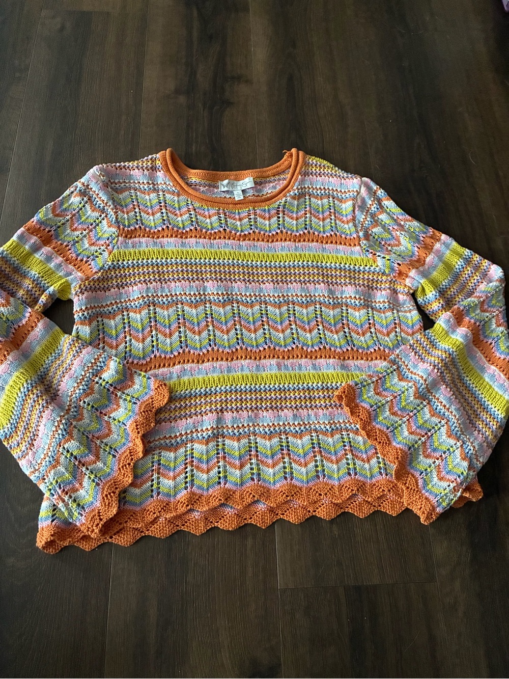 Jessica Simpson Boho Crochet Bell Sleeve Knit Sweater L Pastel Scallop Hem